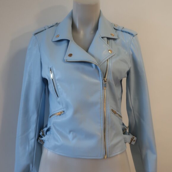 Womens Generation Love "Lindsay" Sky Blue Vegan Leather Moto Jacket M - Picture 3 of 9